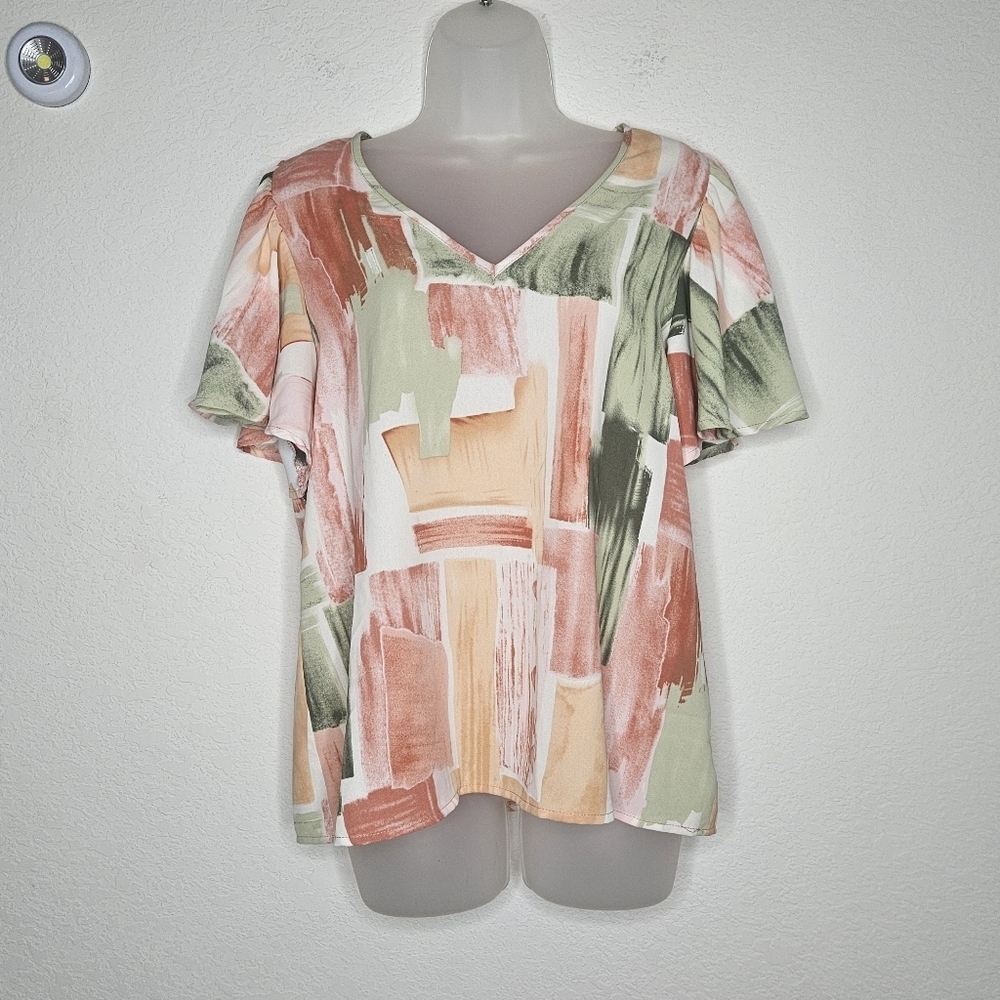 Entro Abstract Brushstroke V-Neck Top Peach Sage & Cream Ruffle Cap Sleeve M
